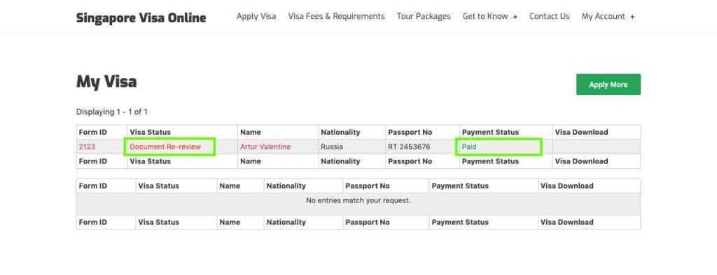 Singapore visa online application paid and documents review