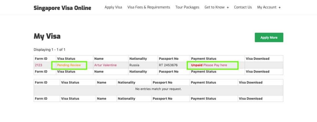 Singapore visa online my visa status unpaid