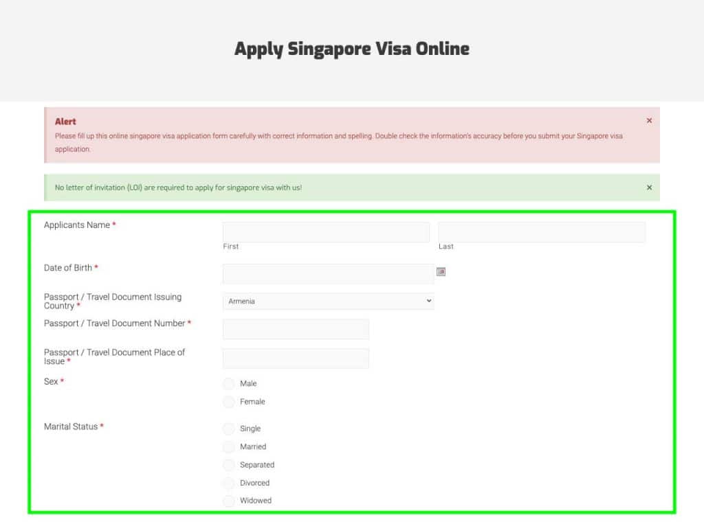 Singapore visa online personal info