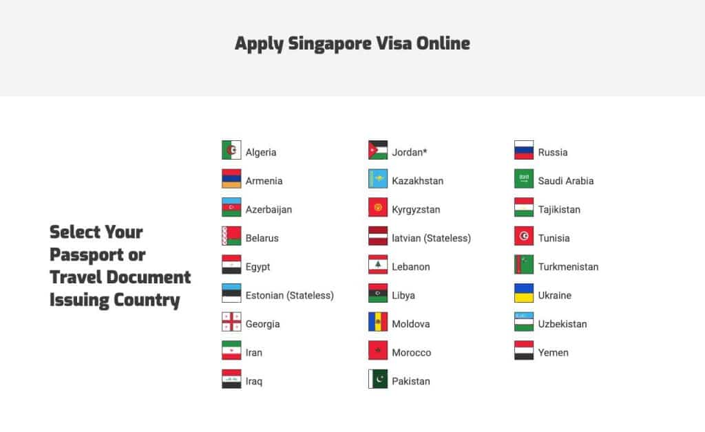 Singapore visa online country select